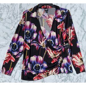 INC Womens Floral Print Long Sleeve Top With Faux Wrap Design 2X Polyester/Spand